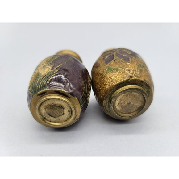 Pair Brass Enamel Floral Cloisonne Vases Miniature 2 inches - Picture 9 of 12
